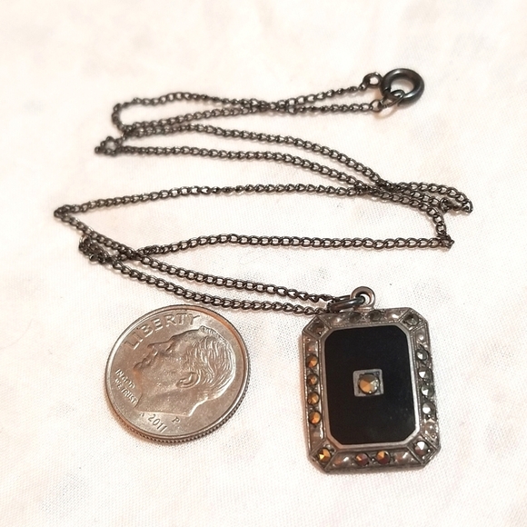 ANTQ Art Deco Hidden Mary Medal Onyx Marcasite Sterling Necklace - Picture 7 of 7